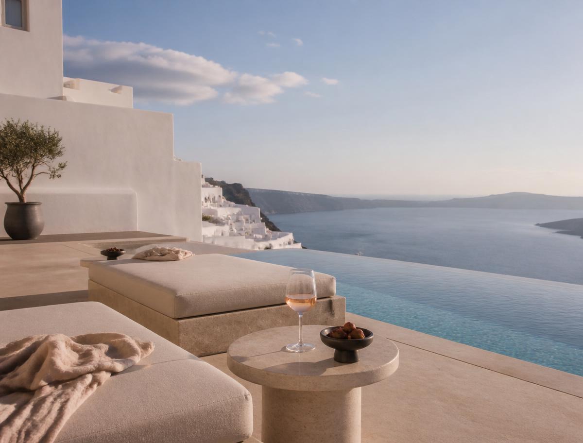 Whitewashed Santorini terrace with infinity pool and Aegean caldera view — adults-only luxury resort inspiration from Only5Star