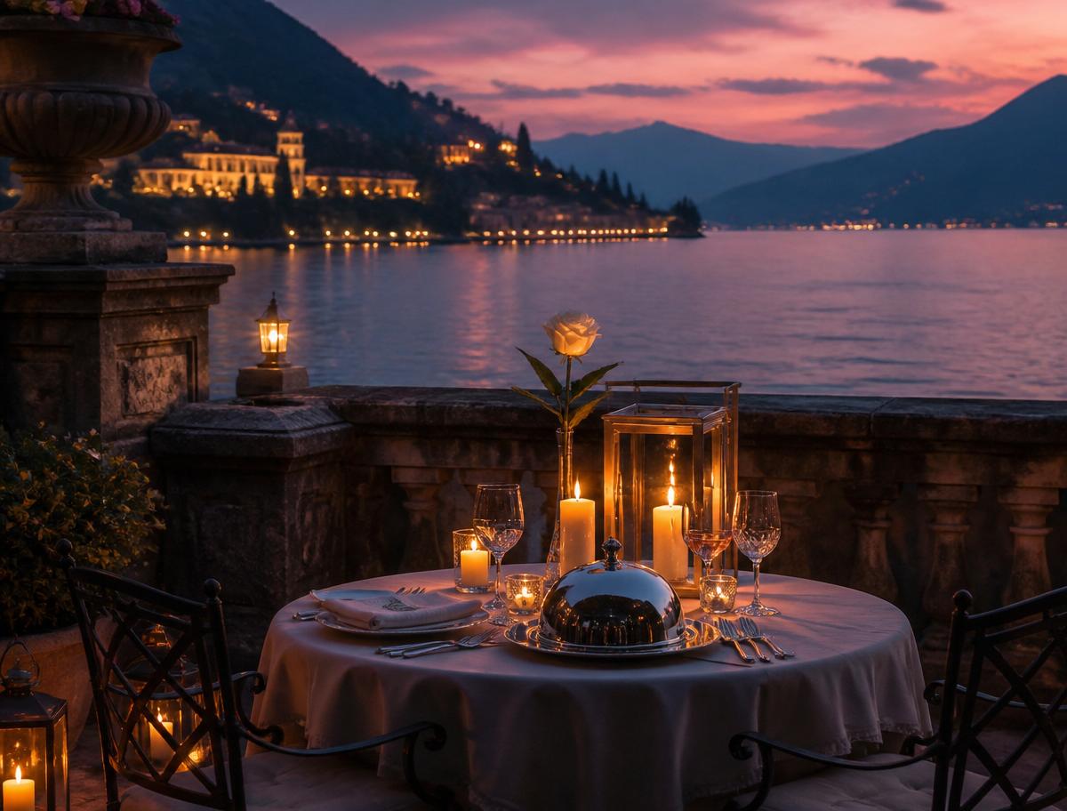 Candlelit dinner for two on a stone terrace above Lake Como at dusk — luxury anniversary escape inspiration from Only5Star