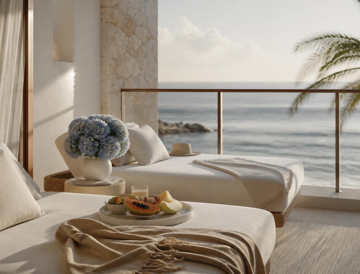 Serene oceanfront suite balcony with linen daybeds and hydrangeas — luxury babymoon inspiration from Only5Star
