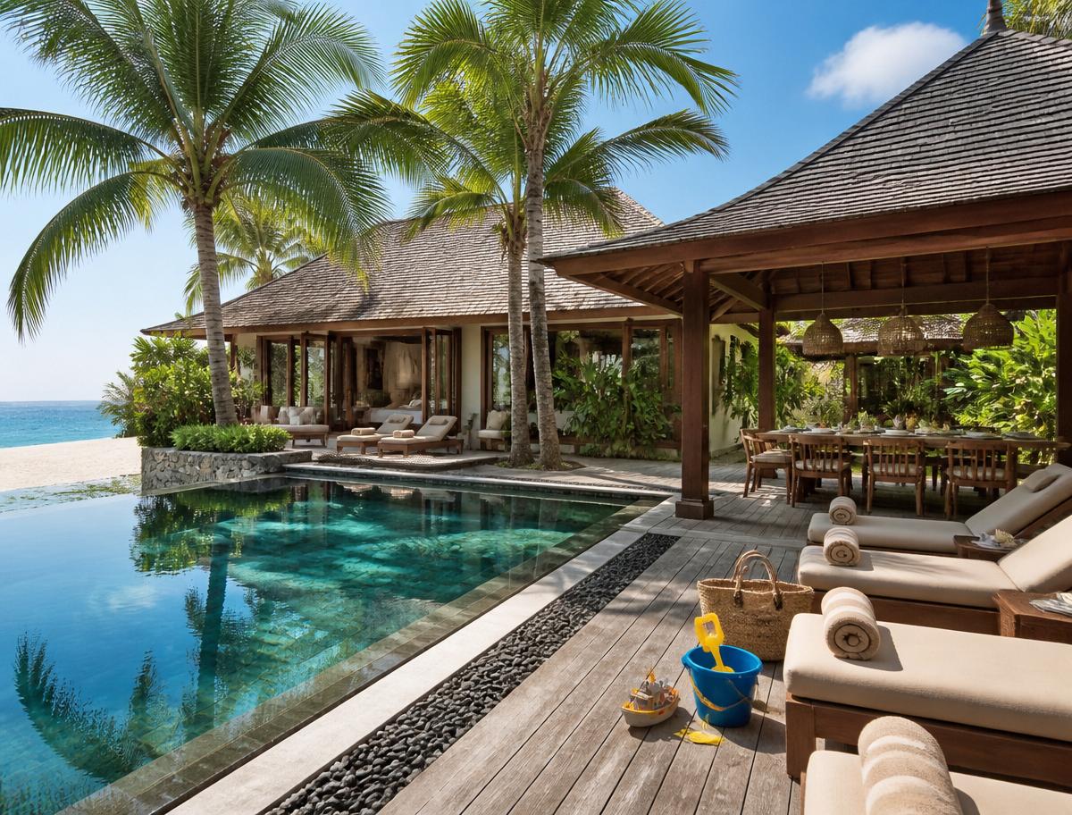 Beachfront family villa with private pool and dining pavilion — luxury family resort inspiration from Only5Star