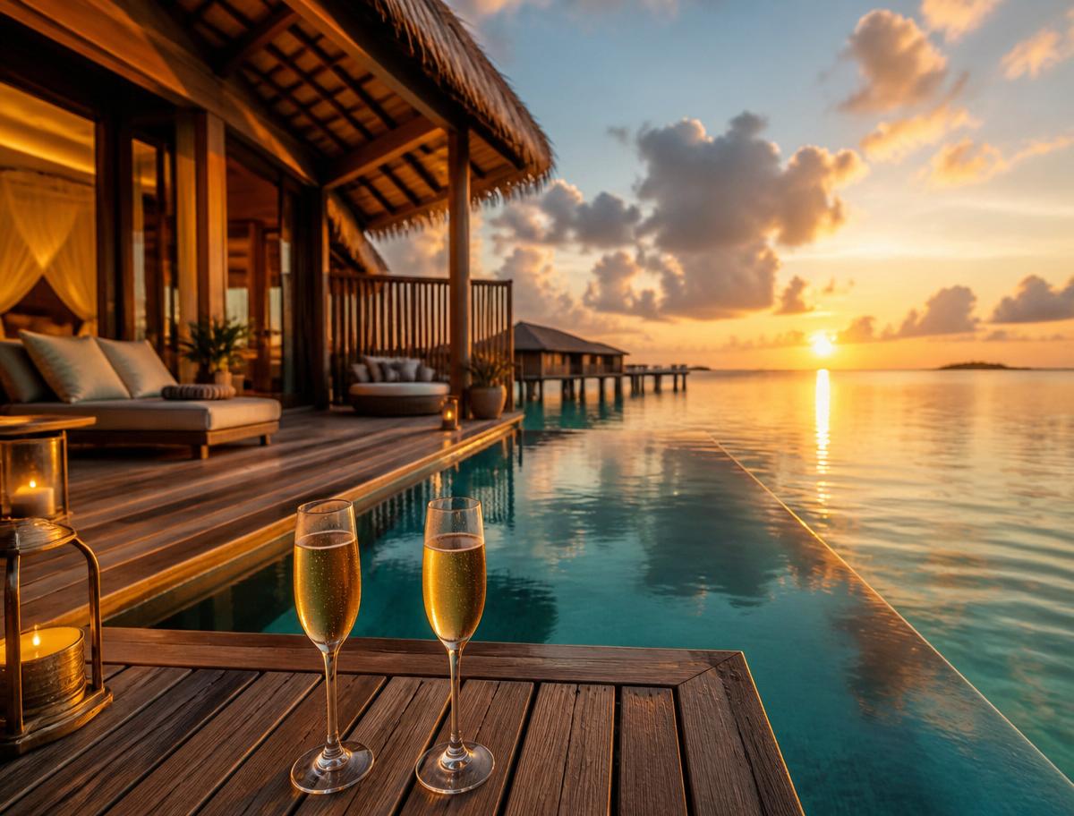 Overwater villa at sunset with champagne on a teak deck — luxury honeymoon inspiration from Only5Star