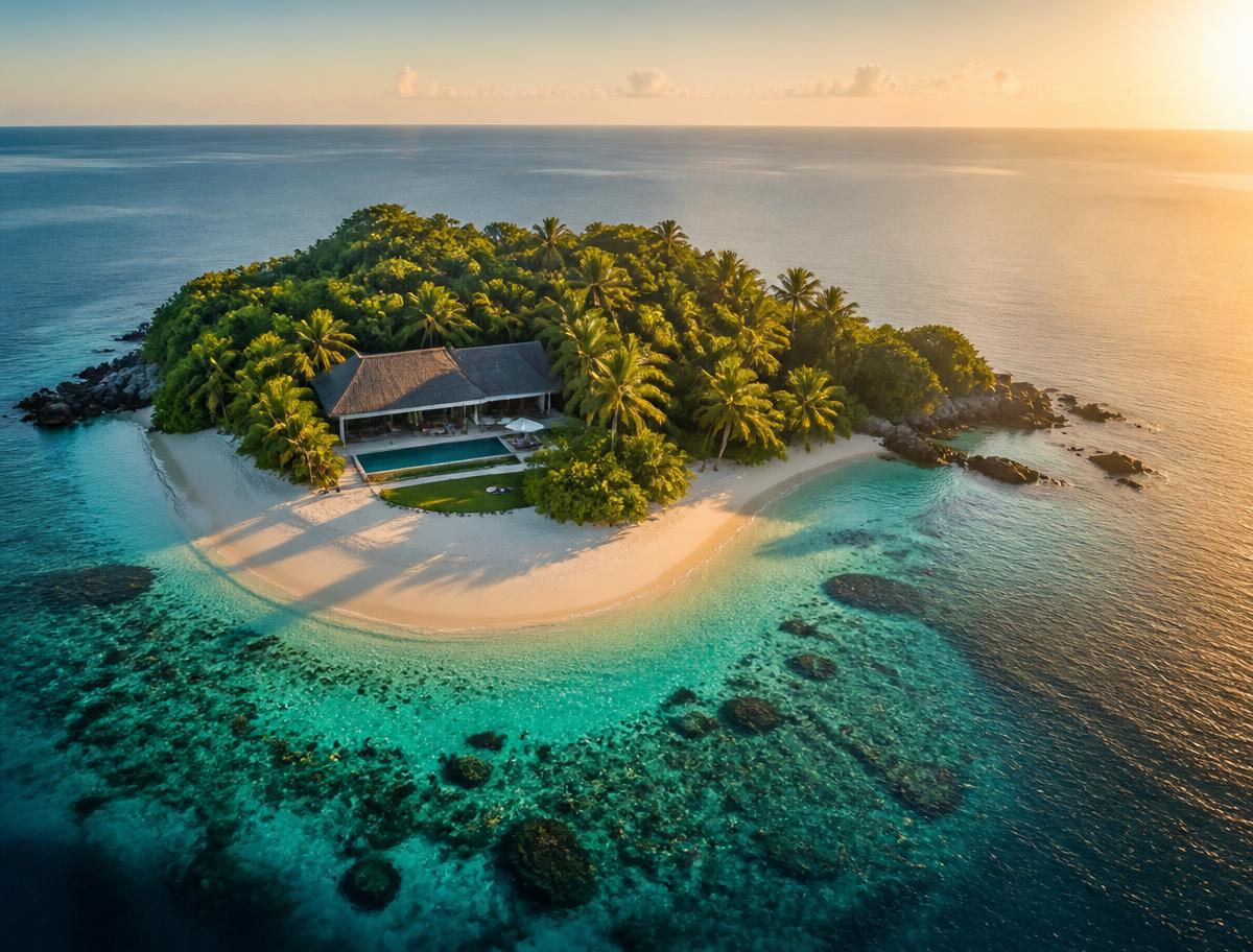 Aerial view of a single private island ringed by turquoise coral reef — private island luxury inspiration from Only5Star