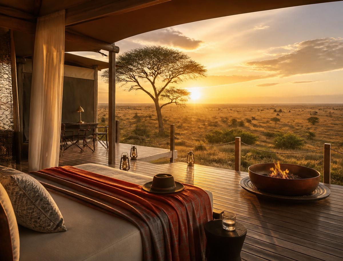 Tented safari suite deck at golden hour overlooking the Serengeti — luxury safari lodge inspiration from Only5Star