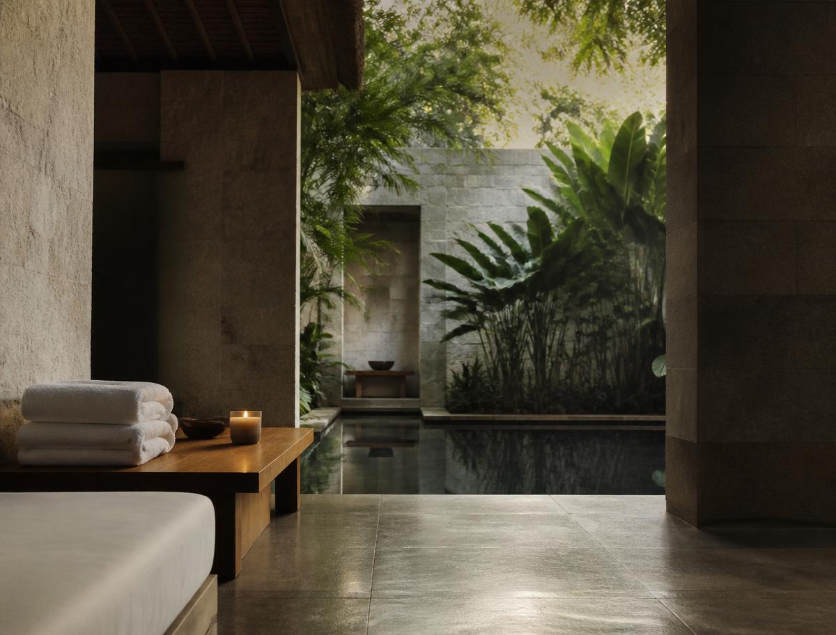 Minimalist stone spa pavilion with reflecting pool and tropical greenery — luxury wellness retreat inspiration from Only5Star